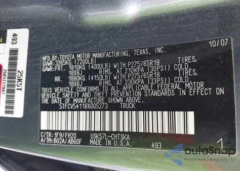 2008 Toyota Tundra Sr5 5.7L V8 из США, поврежденный, VIN 5TFCV54118X005273